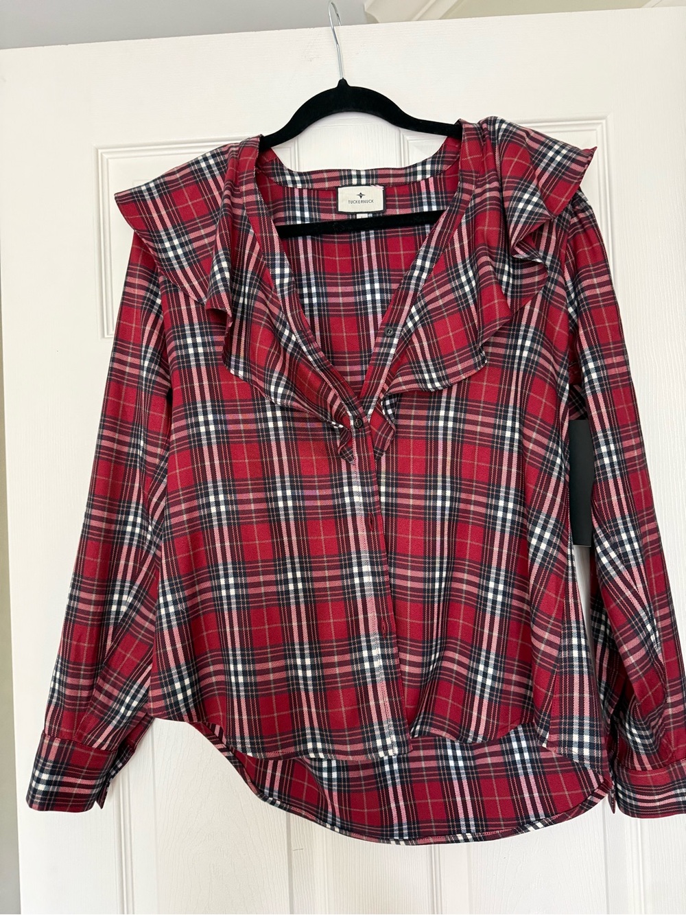 Tuckernuck Red Black White Plaid Ruffle Button-Down Shirt